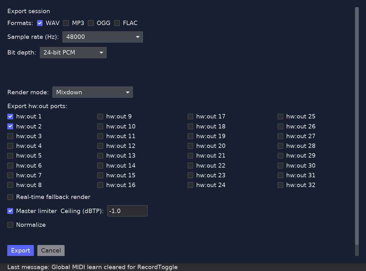 Maolan export dialog interface