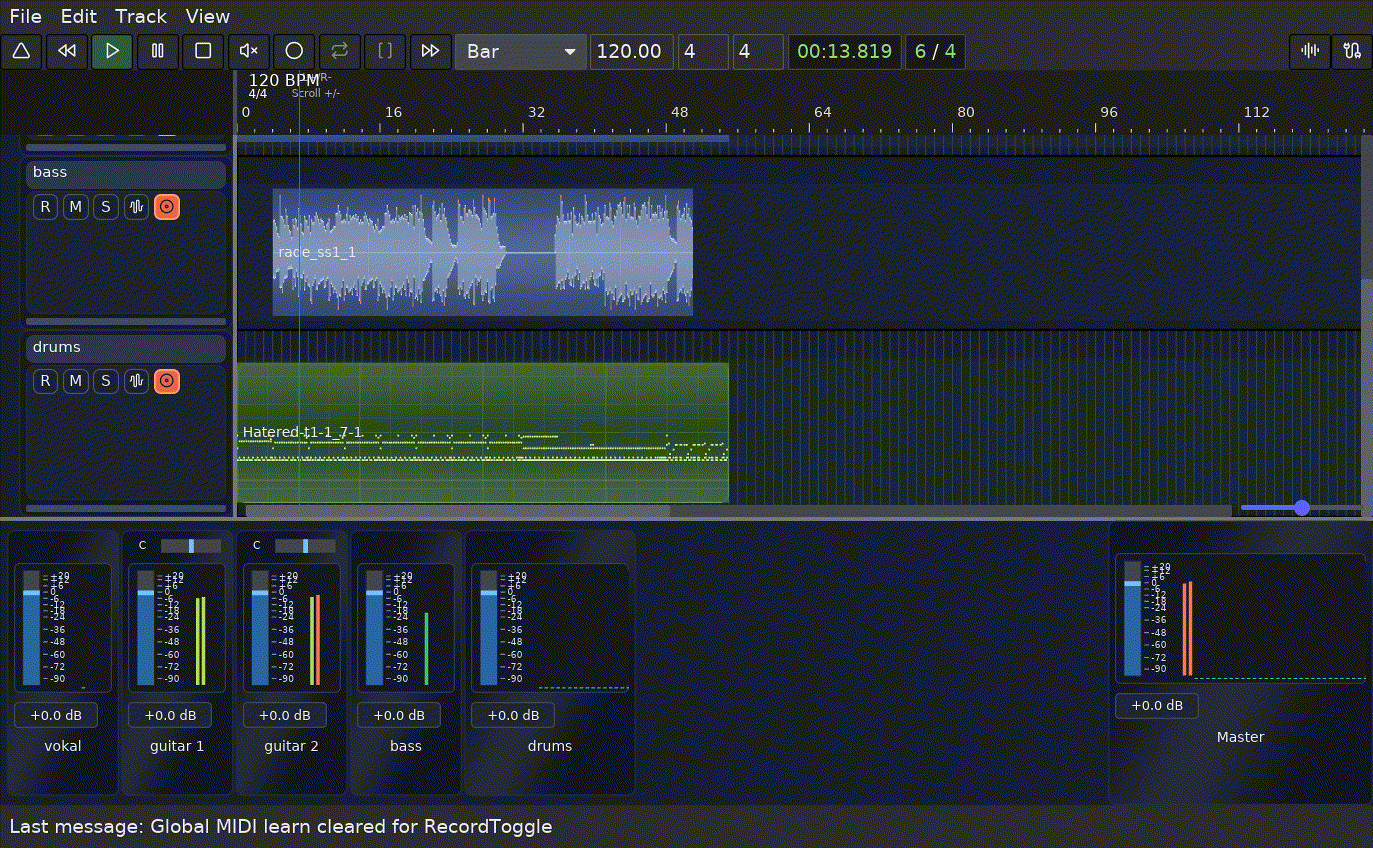 Maolan workspace interface showing multi-track timeline and piano roll
